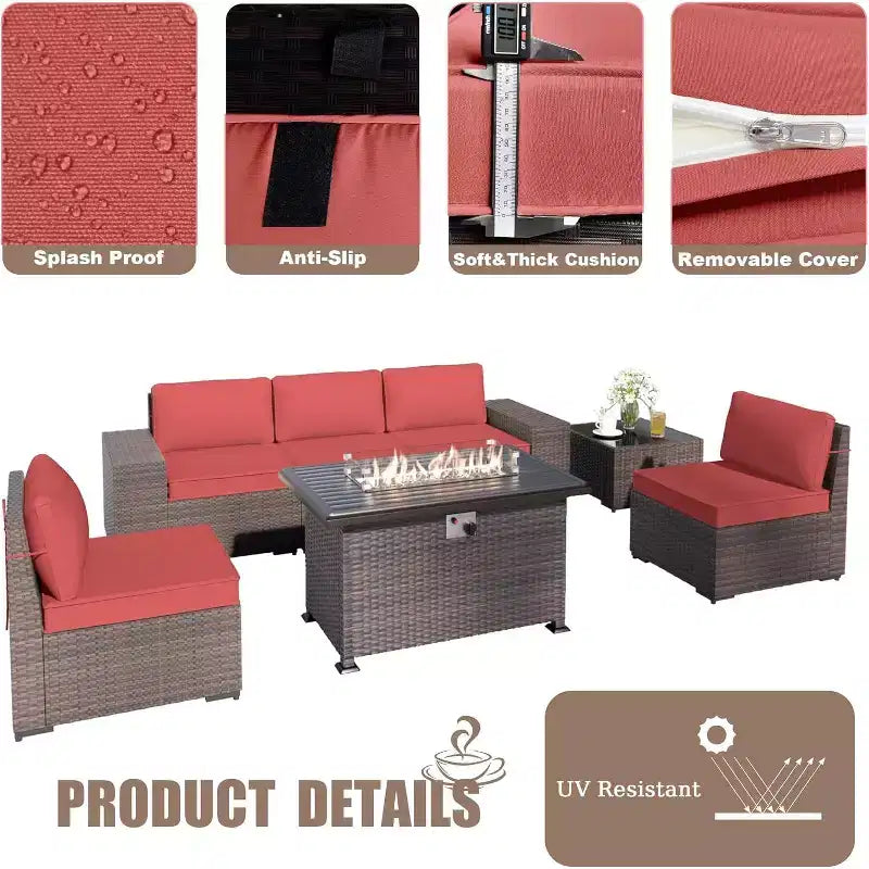 ALAULM Ensemble de mobilier de patio 10 pièces, salons de conversation d'extérieur en rotin avec foyer au propane de 43, fauteuils pivotants à bascule