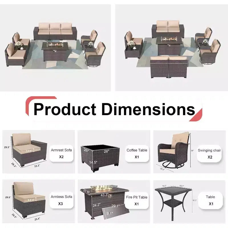 ALAULM Ensemble de mobilier de patio 10 pièces, salons de conversation d'extérieur en rotin avec foyer au propane de 43, fauteuils pivotants à bascule