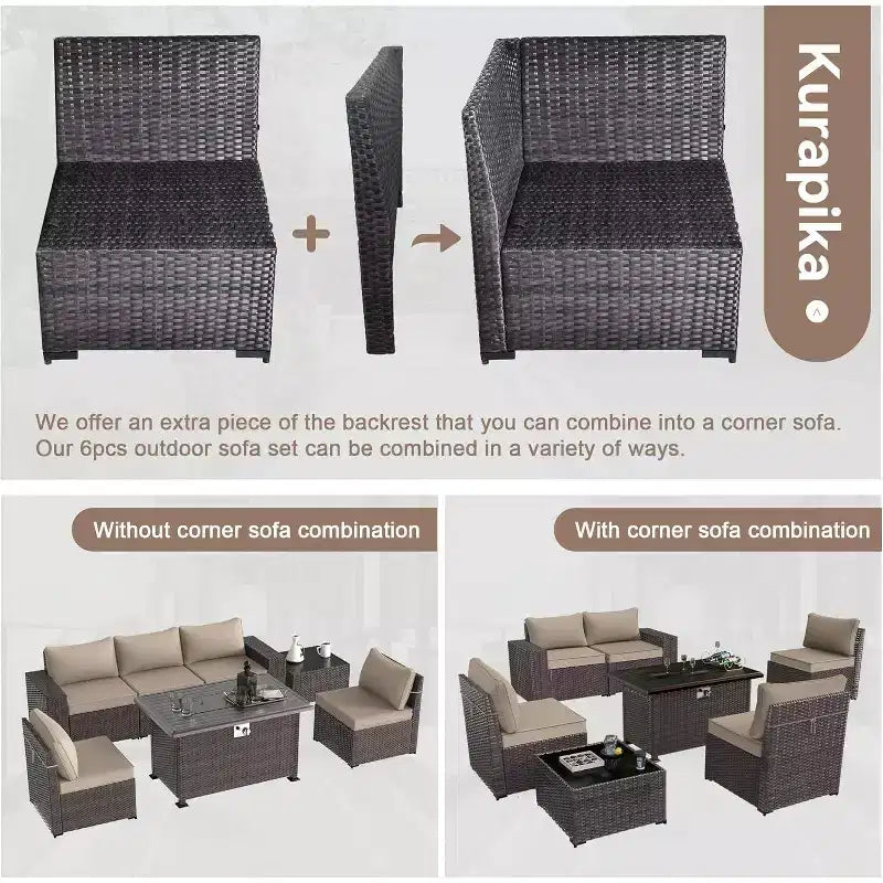 ALAULM Ensemble de mobilier de patio 10 pièces, salons de conversation d'extérieur en rotin avec foyer au propane de 43, fauteuils pivotants à bascule