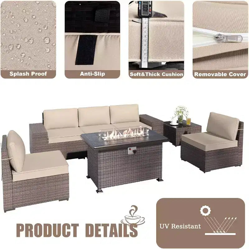 ALAULM Ensemble de mobilier de patio 10 pièces, salons de conversation d'extérieur en rotin avec foyer au propane de 43, fauteuils pivotants à bascule