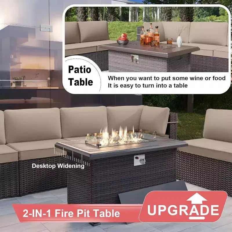 ALAULM Ensemble de mobilier de patio 10 pièces, salons de conversation d'extérieur en rotin avec foyer au propane de 43, fauteuils pivotants à bascule