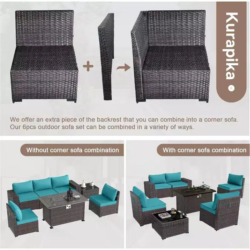 ALAULM Ensemble de mobilier de patio 10 pièces, salons de conversation d'extérieur en rotin avec foyer au propane de 43, fauteuils pivotants à bascule