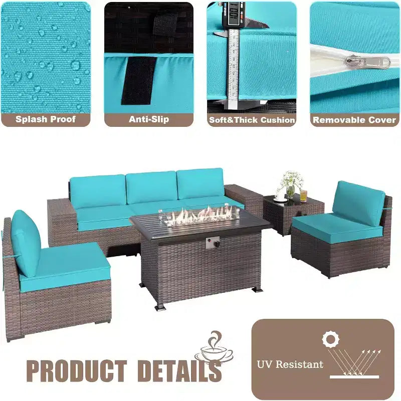 ALAULM Ensemble de mobilier de patio 10 pièces, salons de conversation d'extérieur en rotin avec foyer au propane de 43, fauteuils pivotants à bascule