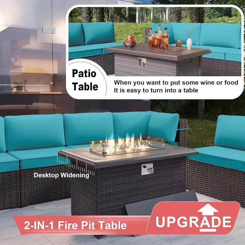 ALAULM Ensemble de mobilier de patio 10 pièces, salons de conversation d'extérieur en rotin avec foyer au propane de 43, fauteuils pivotants à bascule