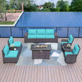 ALAULM 10 Pieces Patio Furniture Set, Rattan Wicker Outdoor Conversation Sets w/43Propane Fire Pit Table, Swivel Rocking Chairs