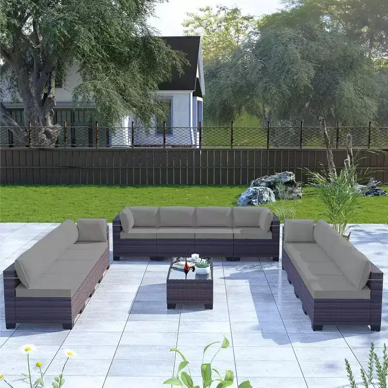ALAULM Ensemble de Meubles de Jardin 14 Pièces, Canapé Sectionnel d'Extérieur en Rotin Marron, Ensemble de Conversation en Osier Tressé à la Main