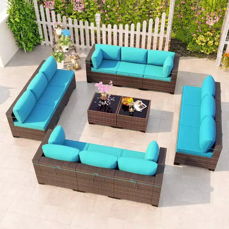 ALAULM 14 Pieces Outdoor Patio Furniture Set Outdoor Sectional Rattan Sofa Set Brown Manual Wicker Patio Conversation Set