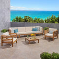 Christopher Knight Home Oana Outdoor Acacia Wood 6 Seater Sofa and Club Chair Chat Set with Cushions