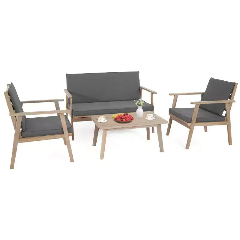 4-Piece Acacia Wood Patio Conversation Set with Grey Cushions