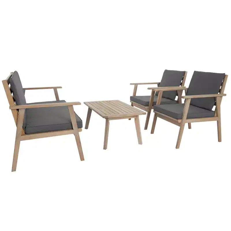 Ensemble de conversation 4 pièces en bois d'acacia avec coussins gris