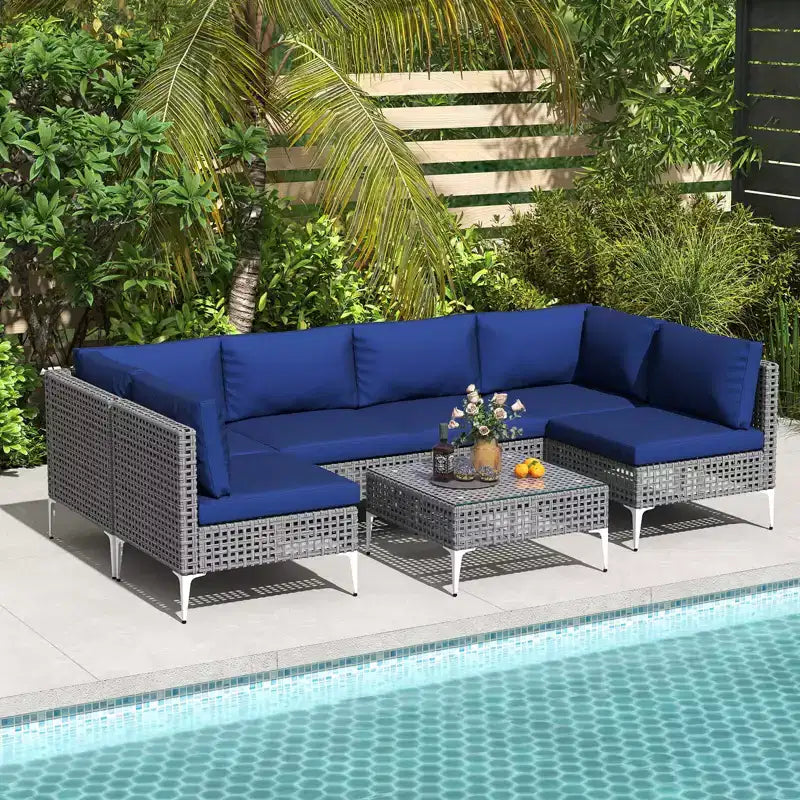Costway 7 Piece Outdoor Furniture Set with Seat & Back Cushions Tempered Glass Coffee Table Navy/Gray