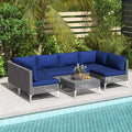 Costway 7 Piece Outdoor Furniture Set with Seat & Back Cushions Tempered Glass Coffee Table Navy/Gray