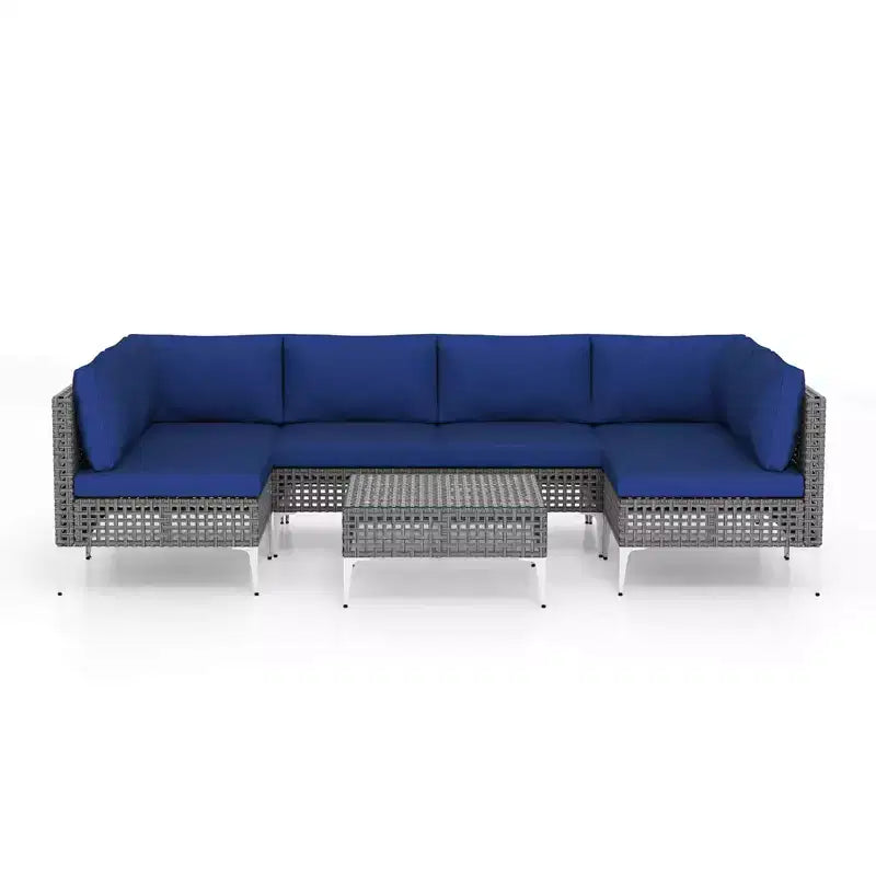 Ensemble de meubles d'extérieur 7 pièces Costway avec coussins d'assise et de dossier, table basse en verre trempé, bleu marine/gris