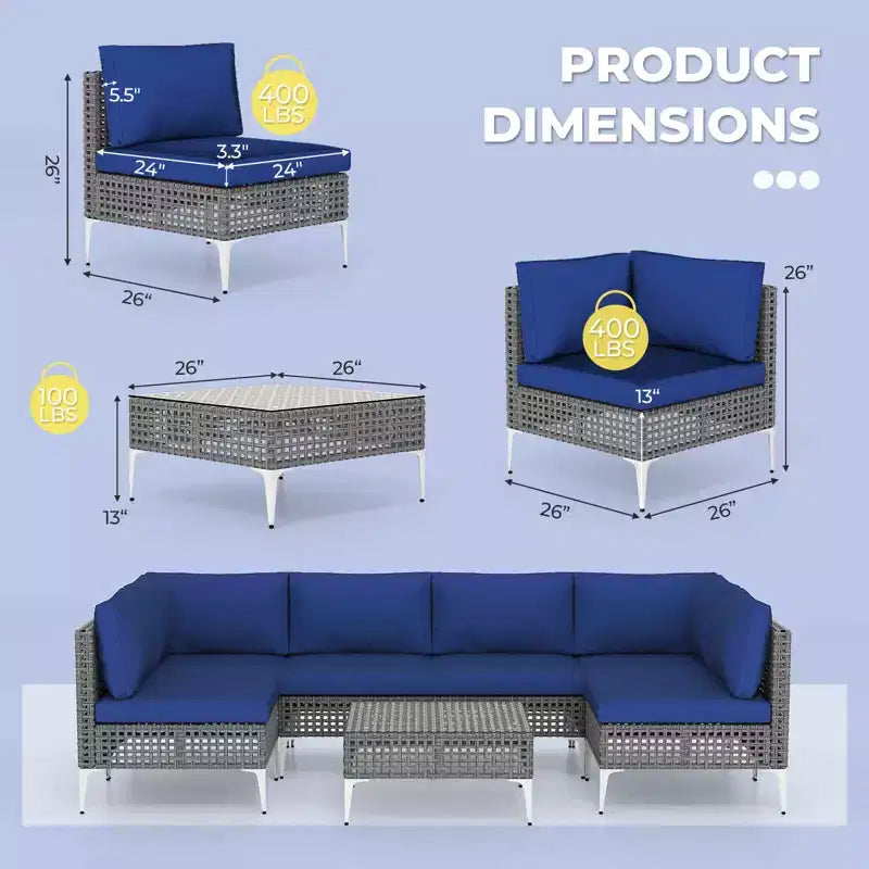 Ensemble de meubles d'extérieur 7 pièces Costway avec coussins d'assise et de dossier, table basse en verre trempé, bleu marine/gris