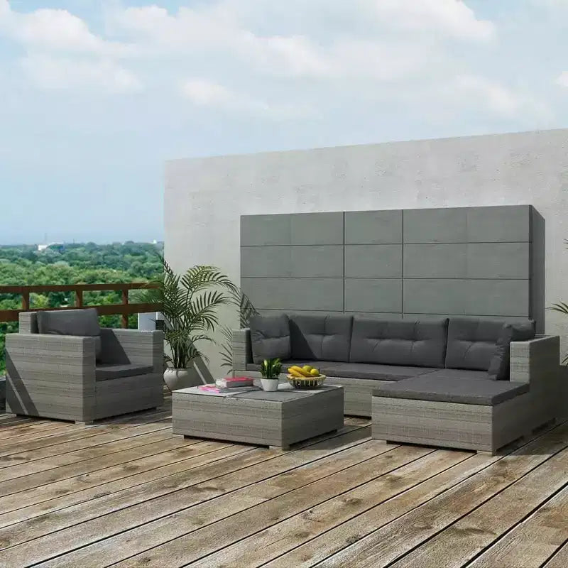 vidaXL Ensemble de salon de jardin 6 pièces - Canapé d'extérieur avec coussins et table basse - Résine tressée grise