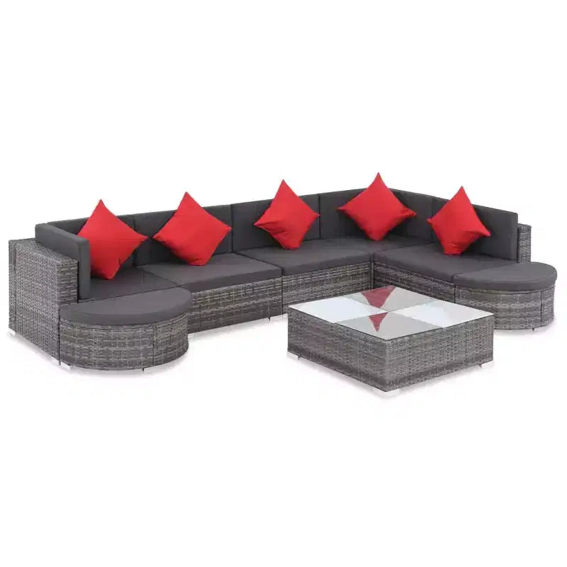 vidaXL Gray Poly Rattan Patio Lounge Set - 8 Piece Sofa Set with Cushions and Glass Tabletop for Garden and Outdoor Living