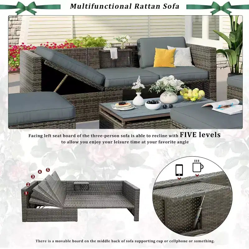 Salons de jardin Bestier, ensemble de conversation d'extérieur en osier avec table relevable, dossier réglable, poufs, canapé modulable pour l'arrière-cour