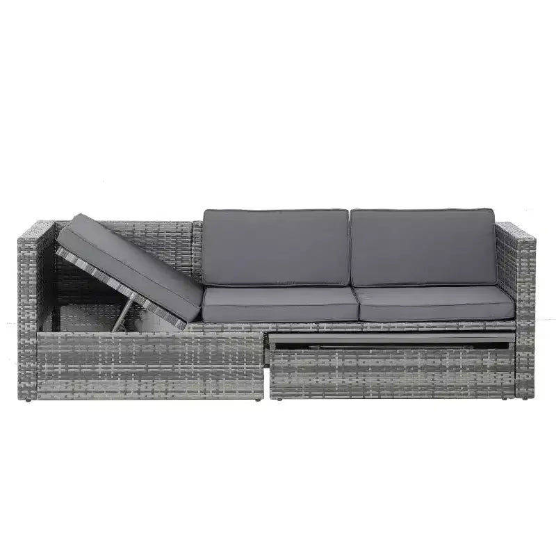 Salons de jardin Bestier, ensemble de conversation d'extérieur en osier avec table relevable, dossier réglable, poufs, canapé modulable pour l'arrière-cour