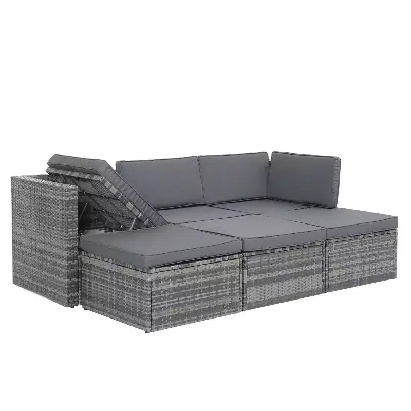 Salons de jardin Bestier, ensemble de conversation d'extérieur en osier avec table relevable, dossier réglable, poufs, canapé modulable pour l'arrière-cour