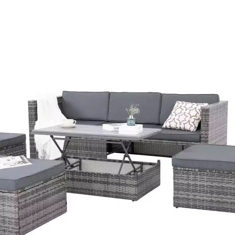 Salons de jardin Bestier, ensemble de conversation d'extérieur en osier avec table relevable, dossier réglable, poufs, canapé modulable pour l'arrière-cour