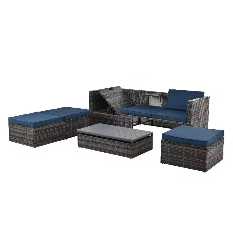 Salons de jardin Bestier, ensemble de conversation d'extérieur en osier avec table relevable, dossier réglable, poufs, canapé modulable pour l'arrière-cour