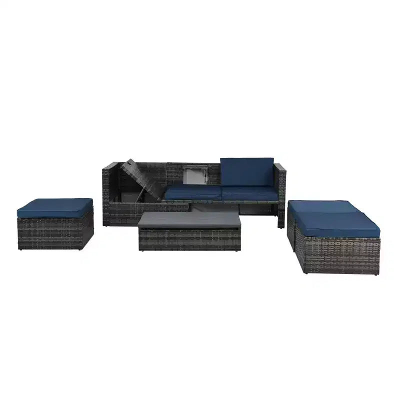 Salons de jardin Bestier, ensemble de conversation d'extérieur en osier avec table relevable, dossier réglable, poufs, canapé modulable pour l'arrière-cour