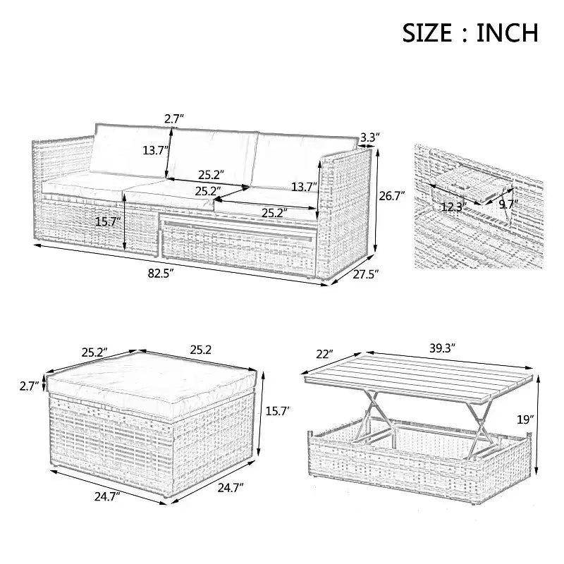 Salons de jardin Bestier, ensemble de conversation d'extérieur en osier avec table relevable, dossier réglable, poufs, canapé modulable pour l'arrière-cour