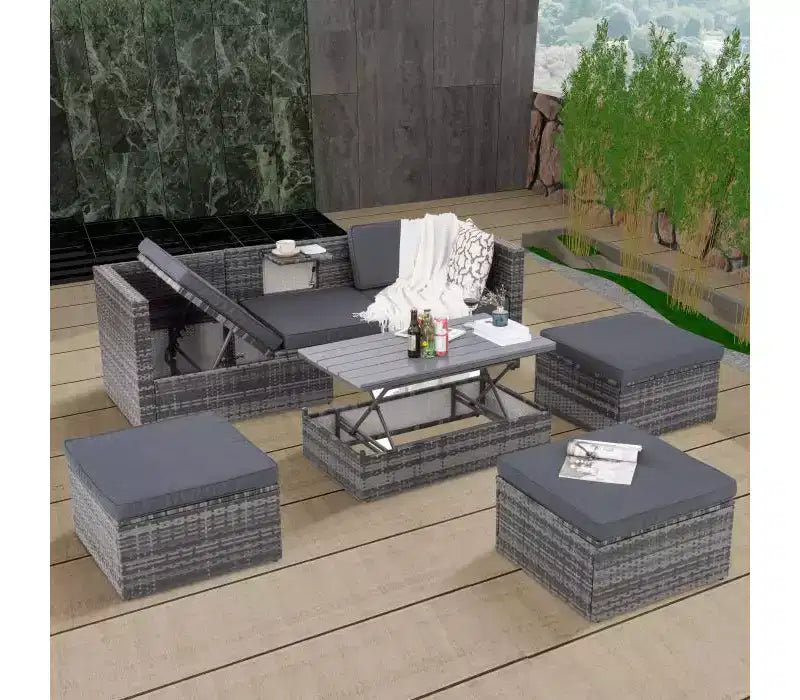 Salons de jardin Bestier, ensemble de conversation d'extérieur en osier avec table relevable, dossier réglable, poufs, canapé modulable pour l'arrière-cour