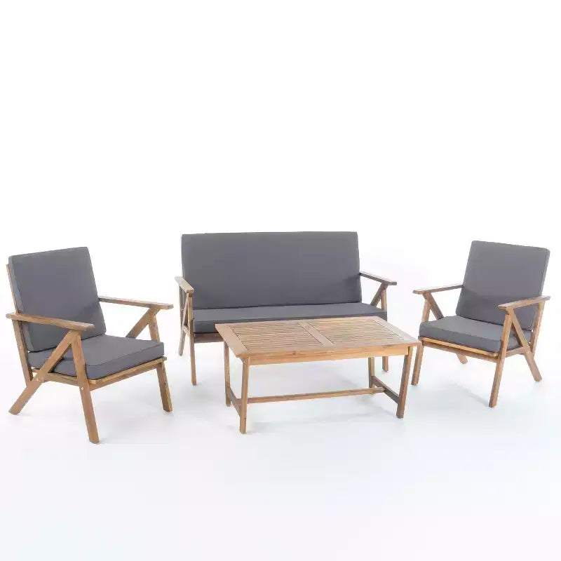 GDFStudio Manarola Outdoor Acacia Wood 4 Seater Chat Set with Cushions