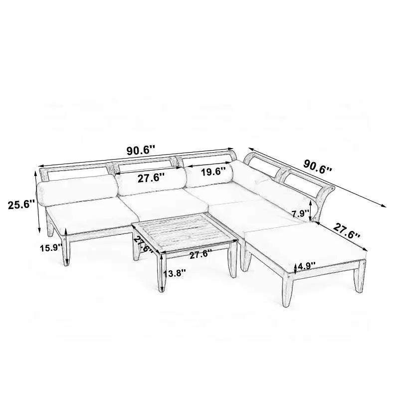 Ensemble de patio 6 pièces Whisen avec lit de repos, table à thé et pouf