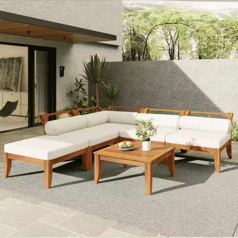 Ensemble de patio 6 pièces Whisen avec lit de repos, table à thé et pouf