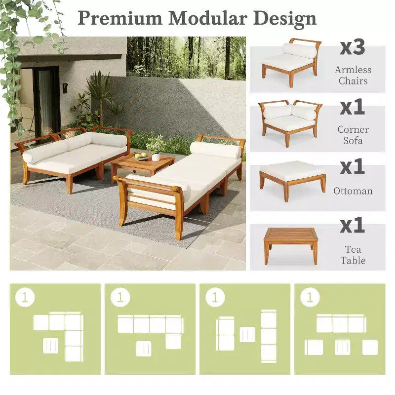 Ensemble de patio 6 pièces Whisen avec lit de repos, table à thé et pouf