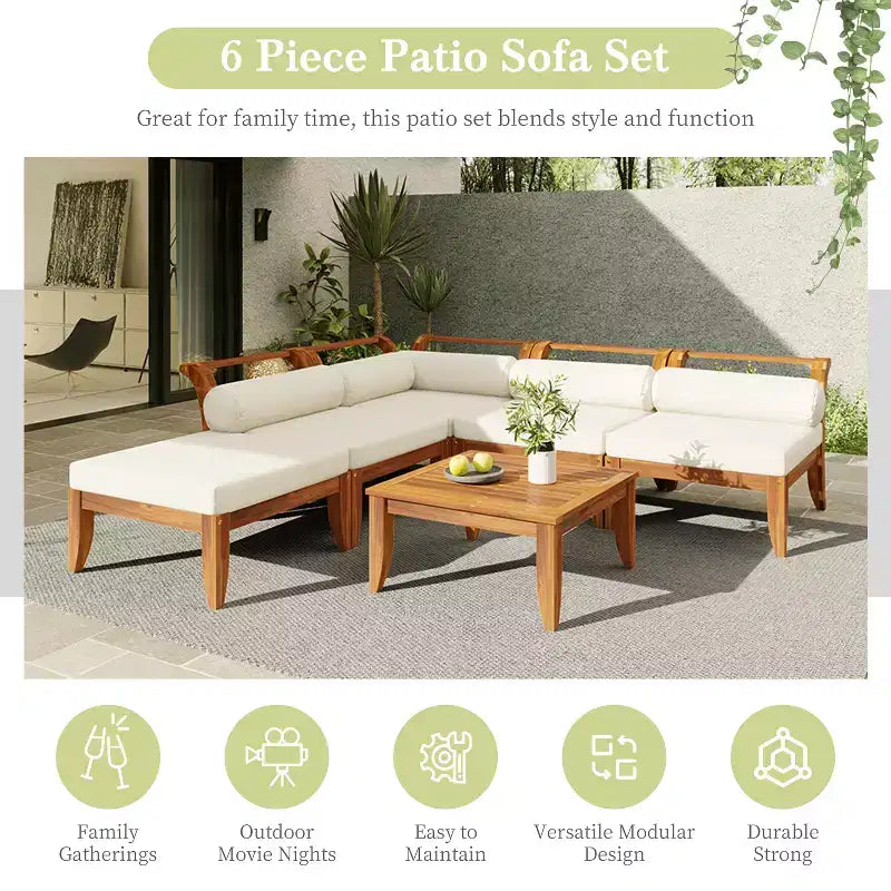 Ensemble de patio 6 pièces Whisen avec lit de repos, table à thé et pouf