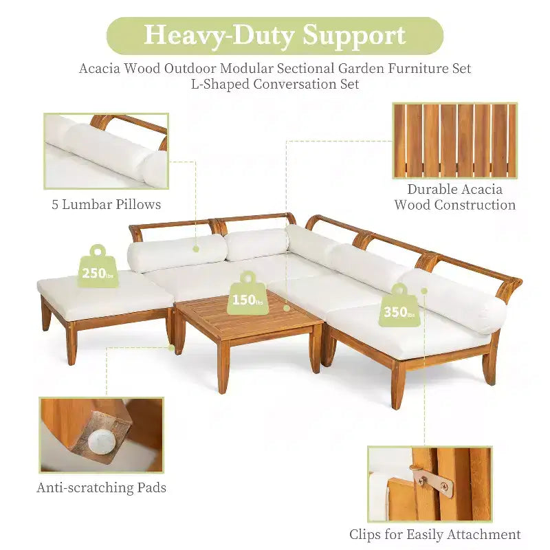Ensemble de patio 6 pièces Whisen avec lit de repos, table à thé et pouf