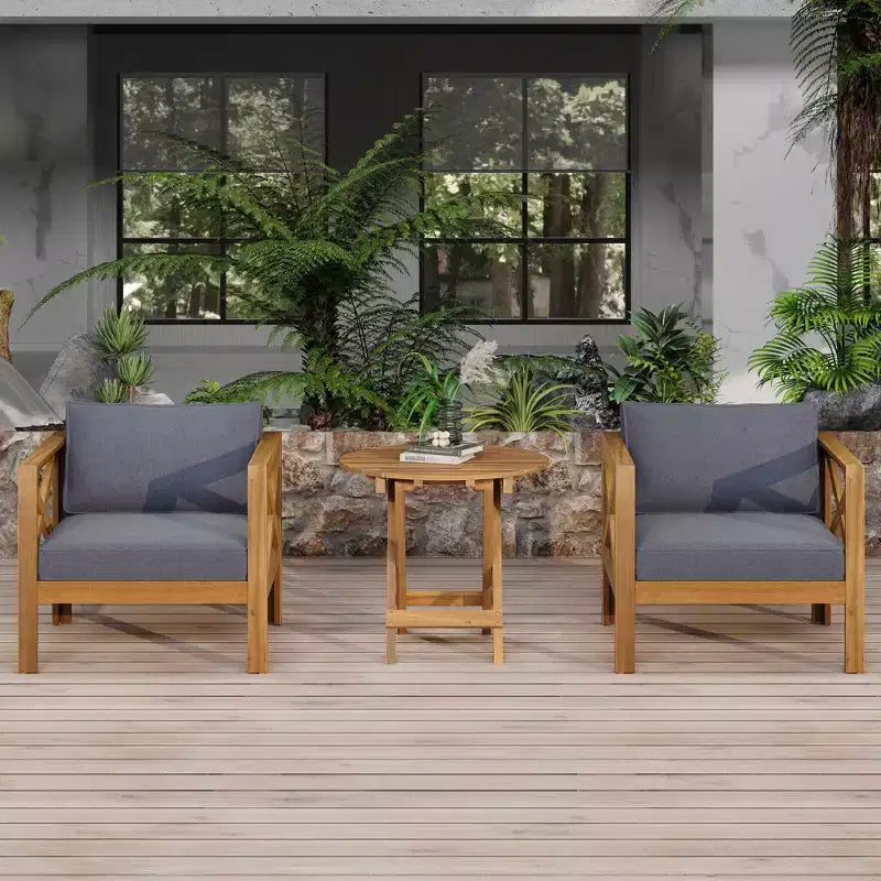 NAYSAYE Chaise longues de patio en bois avec coussins et table pliante pour l'extérieur, gris et teck, 28,7 x 27,9 x 24