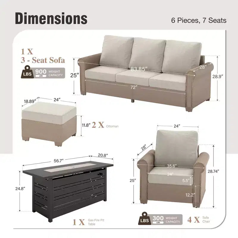 Ensemble de conversation d'extérieur Captiva Designs de luxe avec foyer, en osier, avec accoudoirs incurvés et coussins