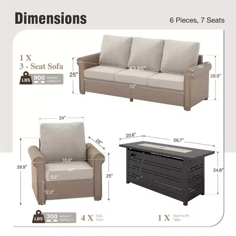 Ensemble de conversation d'extérieur Captiva Designs de luxe avec foyer, en osier, avec accoudoirs incurvés et coussins