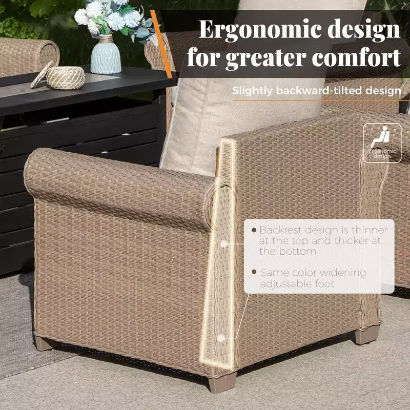 Ensemble de conversation d'extérieur Captiva Designs de luxe avec foyer, en osier, avec accoudoirs incurvés et coussins