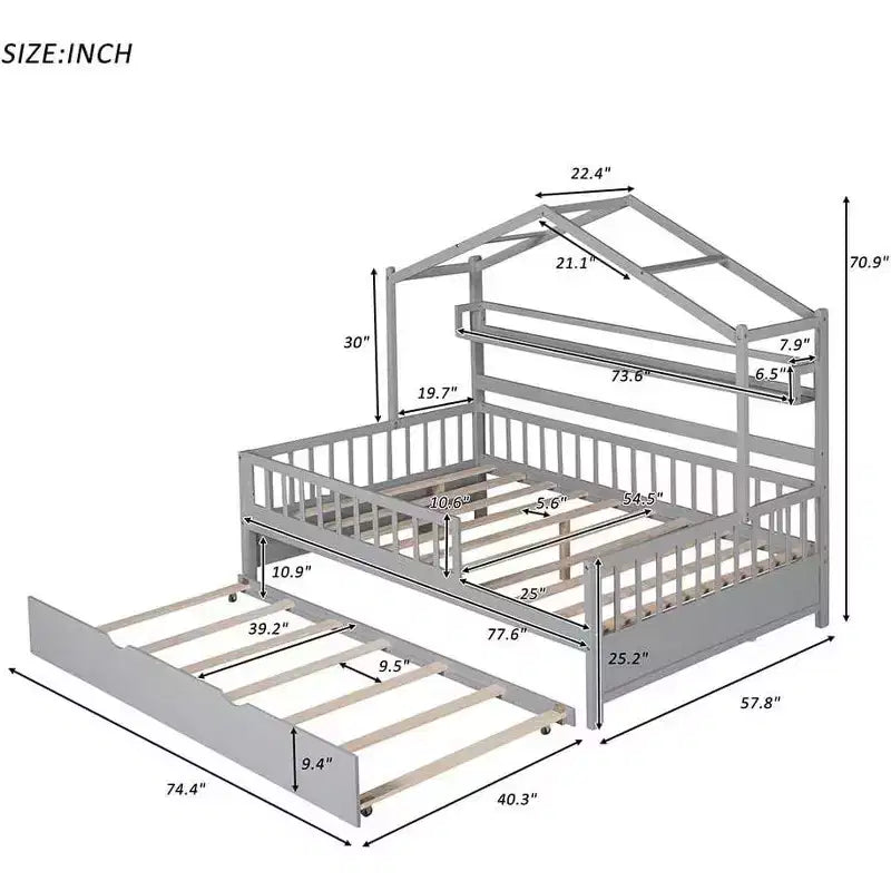 Pine Wood Kids House Bed Frame Full Size 74.4''