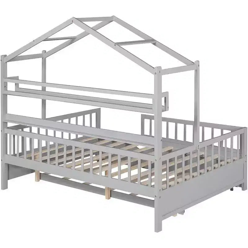 Pine Wood Kids House Bed Frame Full Size 74.4''