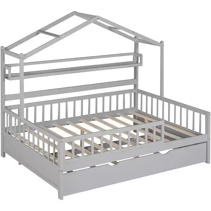 Pine Wood Kids House Bed Frame Full Size 74.4''
