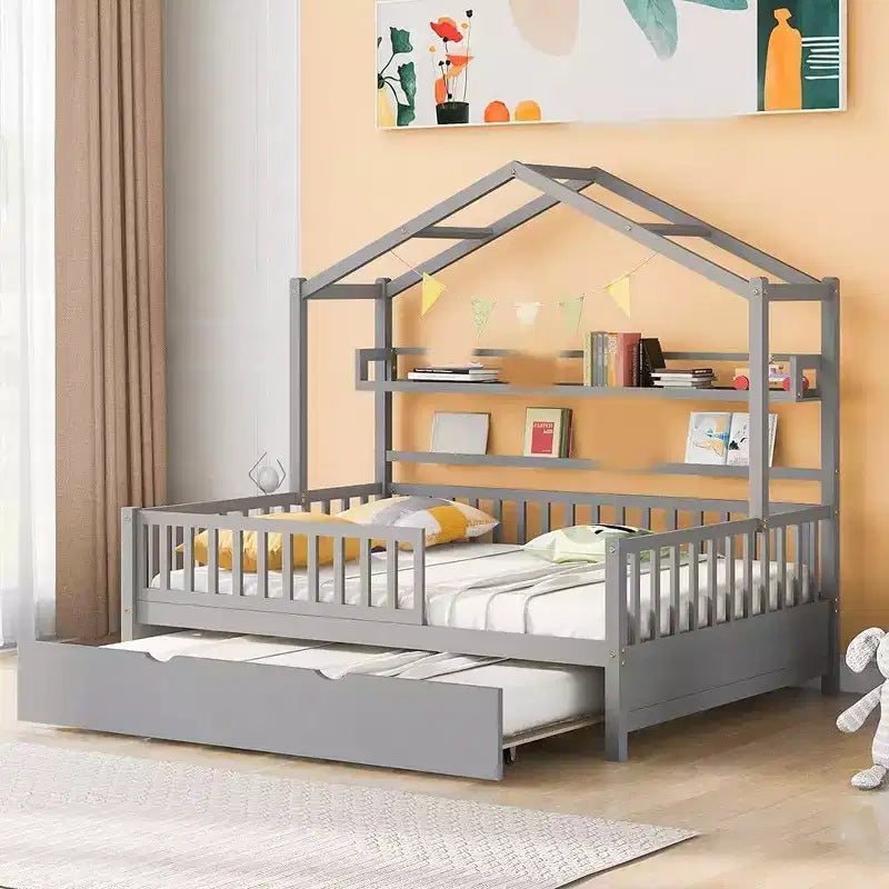 Pine Wood Kids House Bed Frame Full Size 74.4''