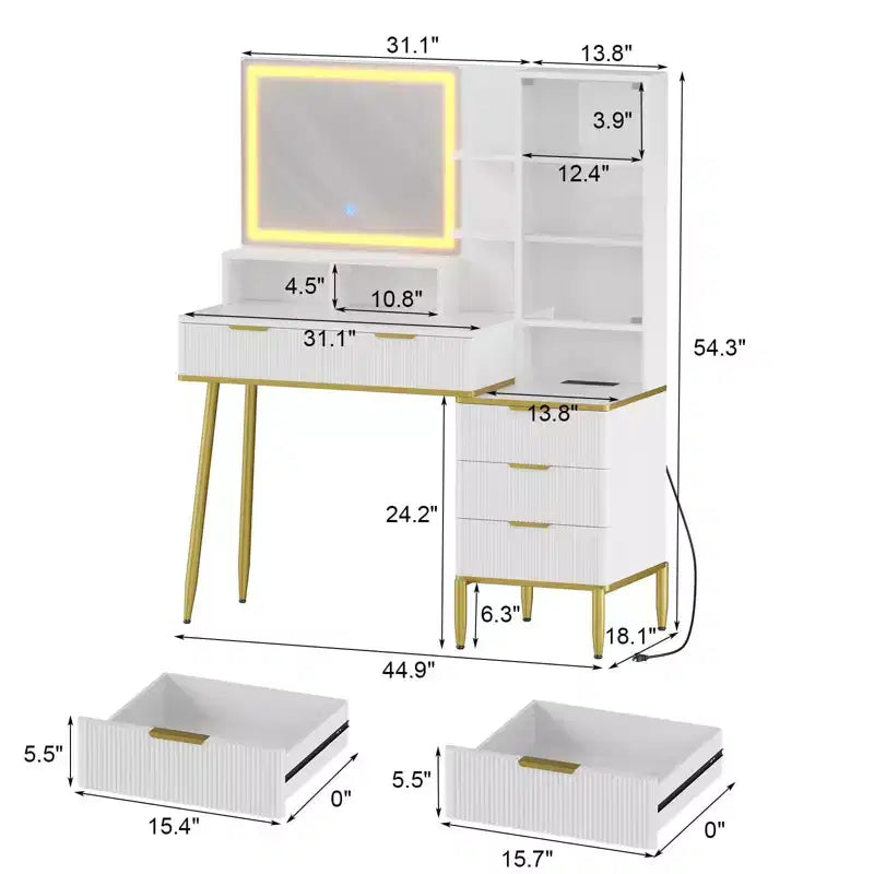 MDF Fluted Vanity Desk with LED Mirror 44.9''