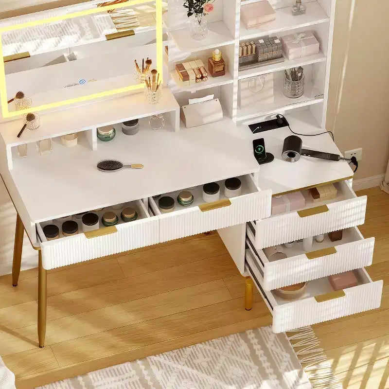 MDF Fluted Vanity Desk with LED Mirror 44.9''
