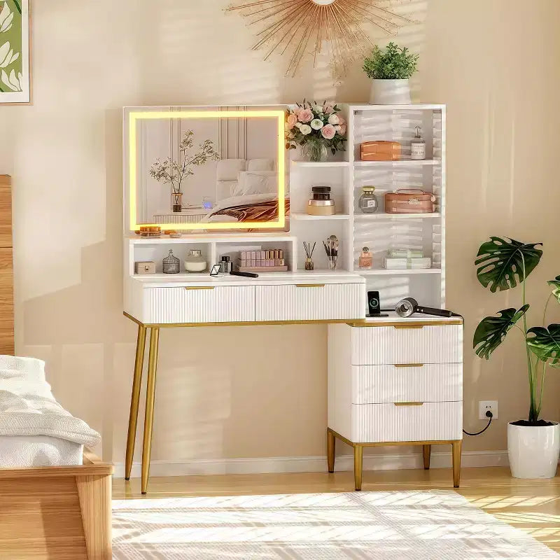 MDF Fluted Vanity Desk with LED Mirror 44.9''