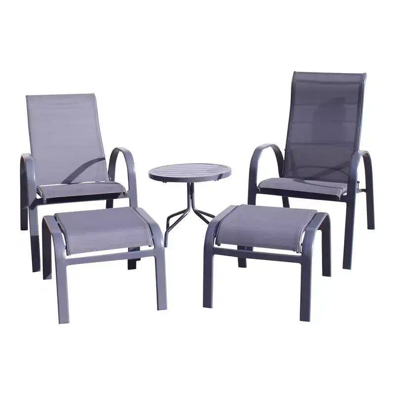 Courtyard Casual Santa Fe 5 pc Reclining Chair Set with Ottomans Includes Two Reclining Sling Chairs and Two Sling Ottomans and One End Table