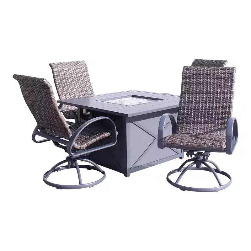 Courtyard Casual Santa Fe 5 pc Square Fire Pit Set with Wicker Swivel Rockers Includes One Square Fire Pit and Four Swivel Rockers with Wicker Seats