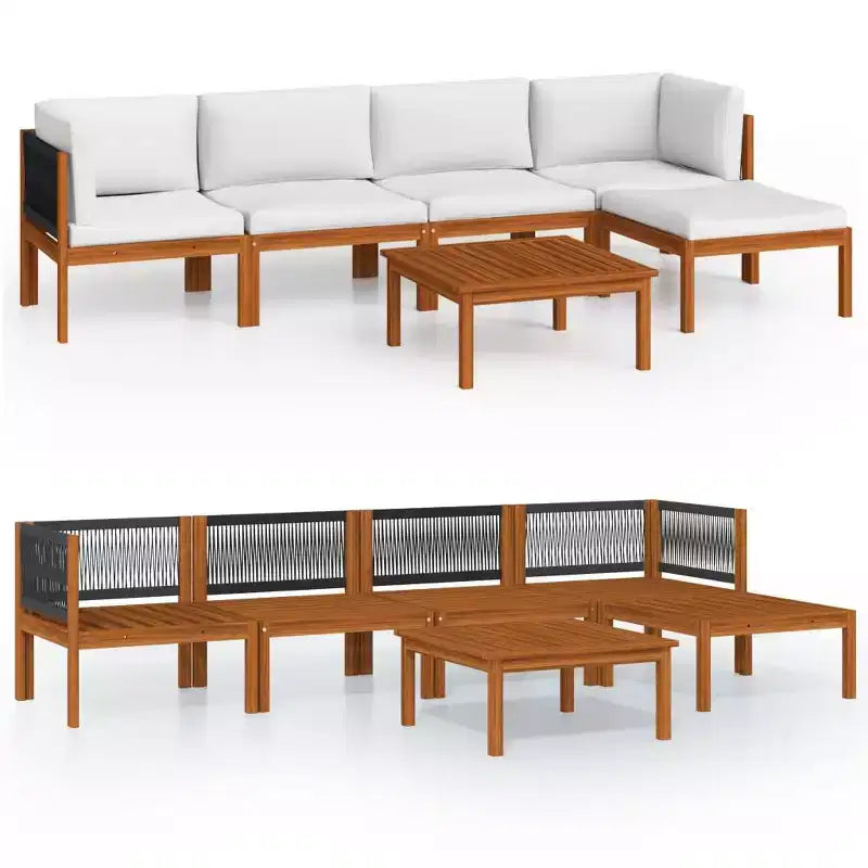 vidaXL 6-Piece Outdoor Lounge Set with Cream Cushions, Acacia Wood Patio Furniture Set, Including Sofas, Table and Footrest