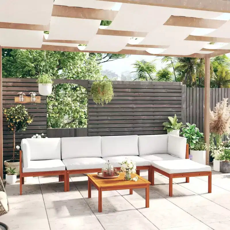 vidaXL Salon de jardin 6 pièces avec coussins crème, ensemble de mobilier de terrasse en bois d'acacia, comprenant des canapés, une table et un repose-pieds