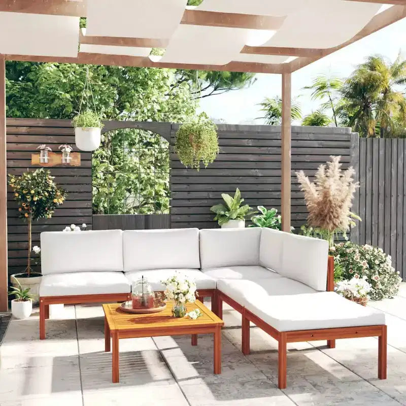 vidaXL Salon de jardin en bois d'acacia massif - 6 pièces avec coussins crème, meubles d'extérieur résistants aux intempéries pour jardin, patio, salon, design rustique